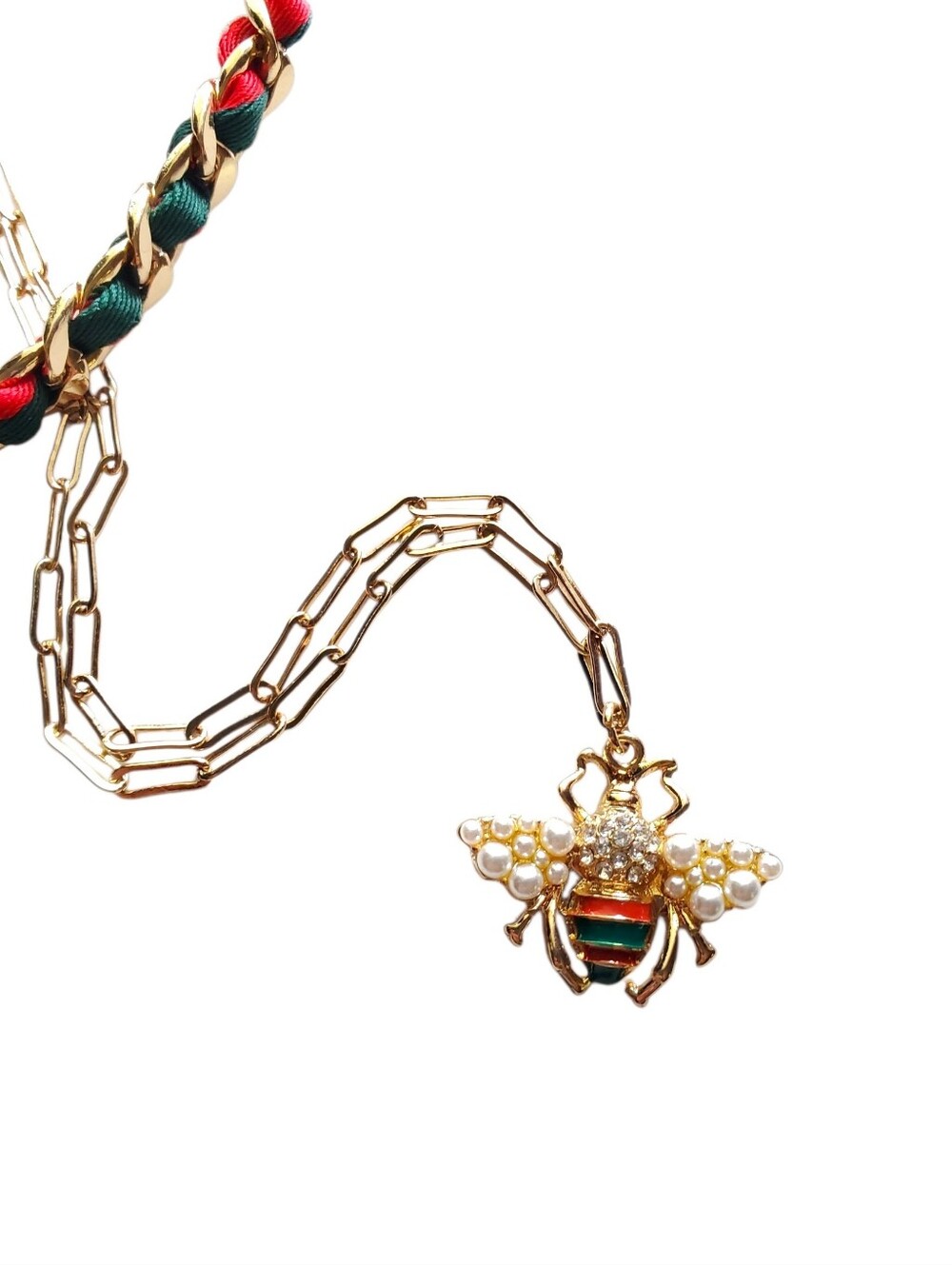 Layered Bee Pendant Necklace with Pearl Stud  Earings
